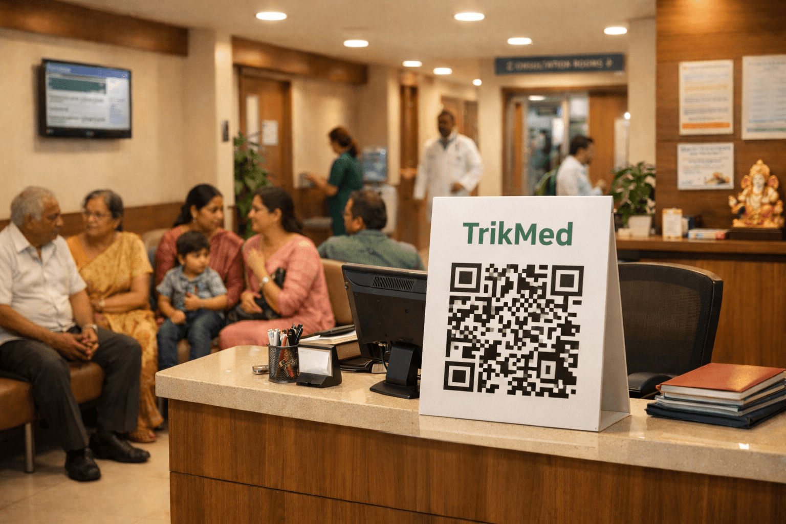 TrikMed QR code standee at clinic reception