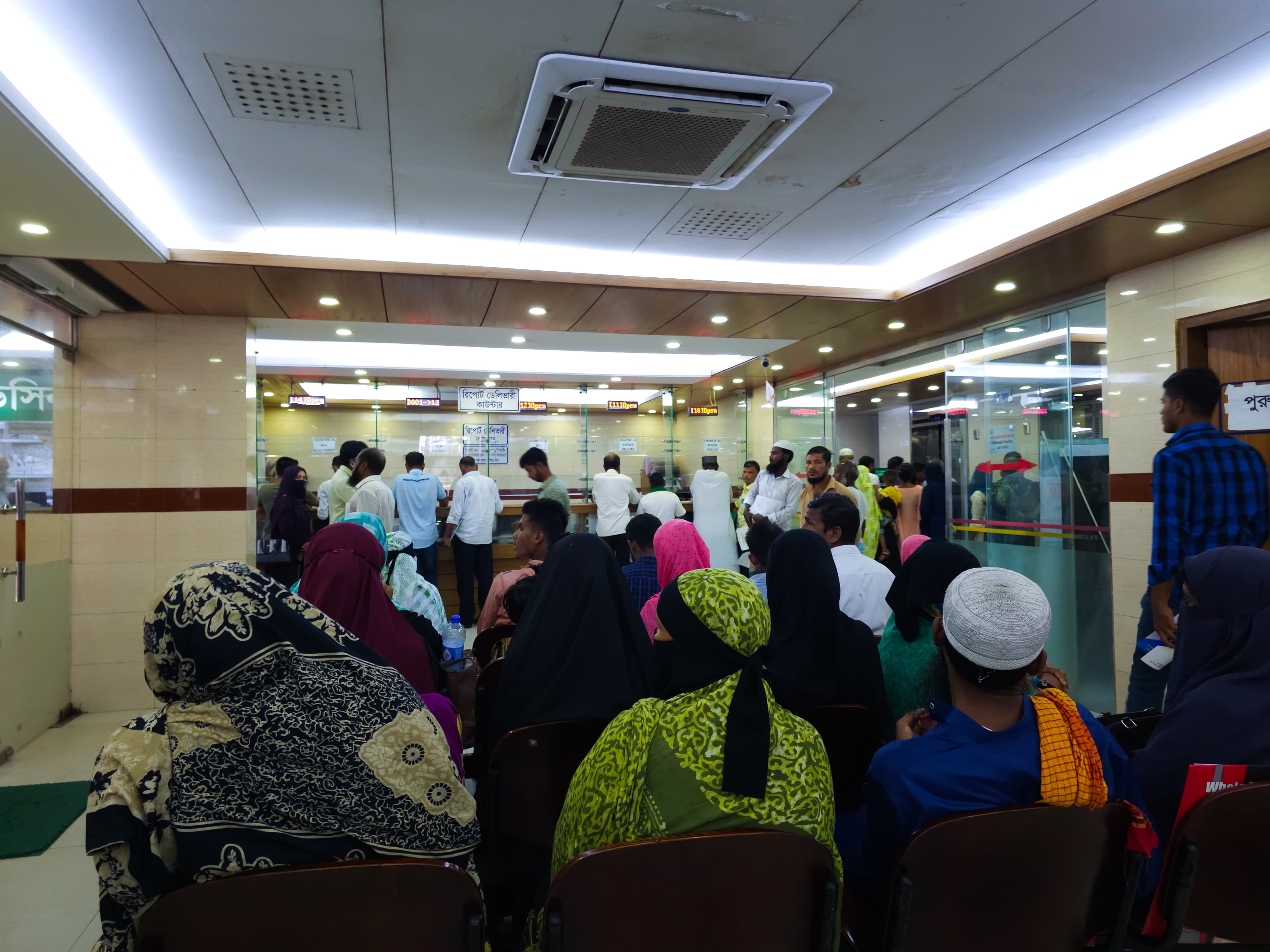 Packed clinic waiting room